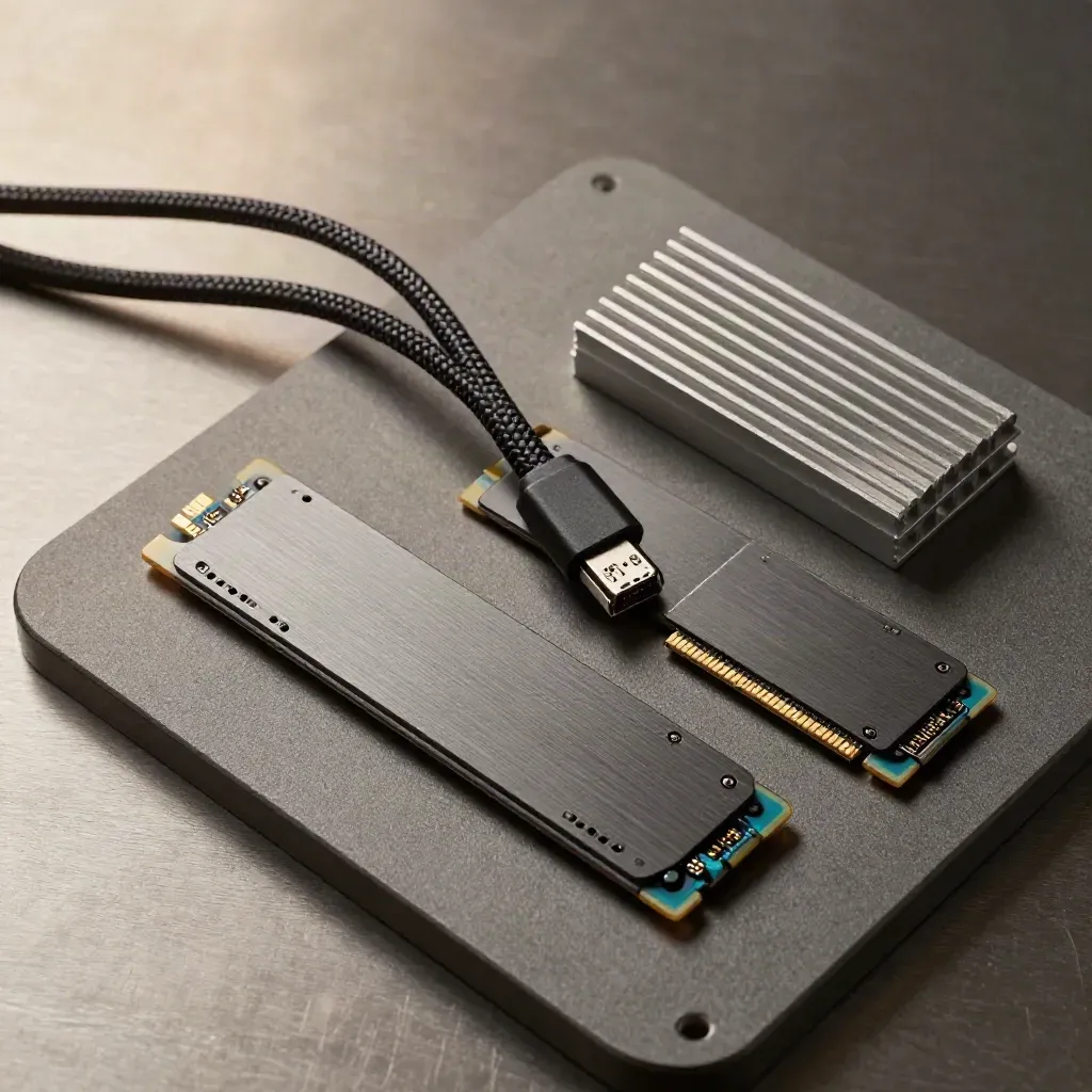 Due SSD NVMe, cavo Ethernet intrecciato e dissipatore su piano grafite.