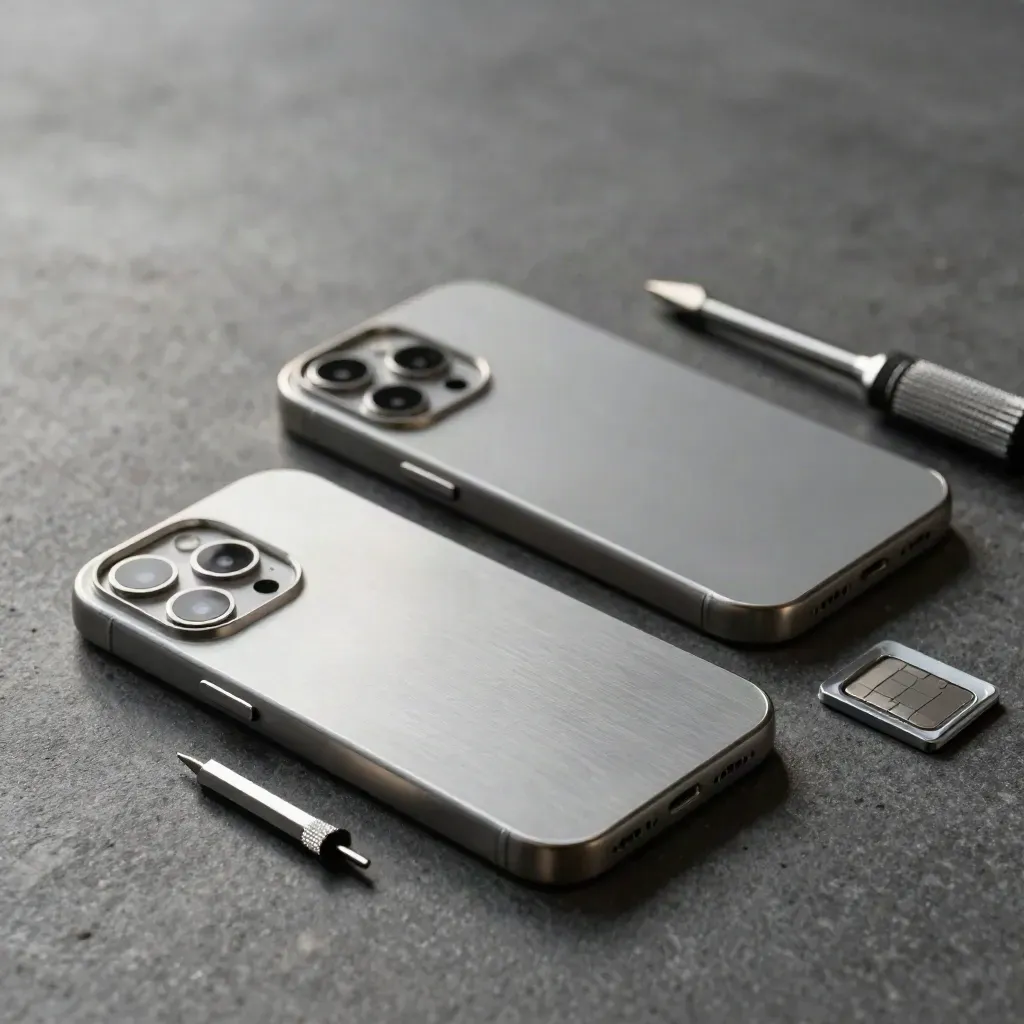 Due telai di smartphone, vassoio SIM e microcacciavite su pietra grafite.