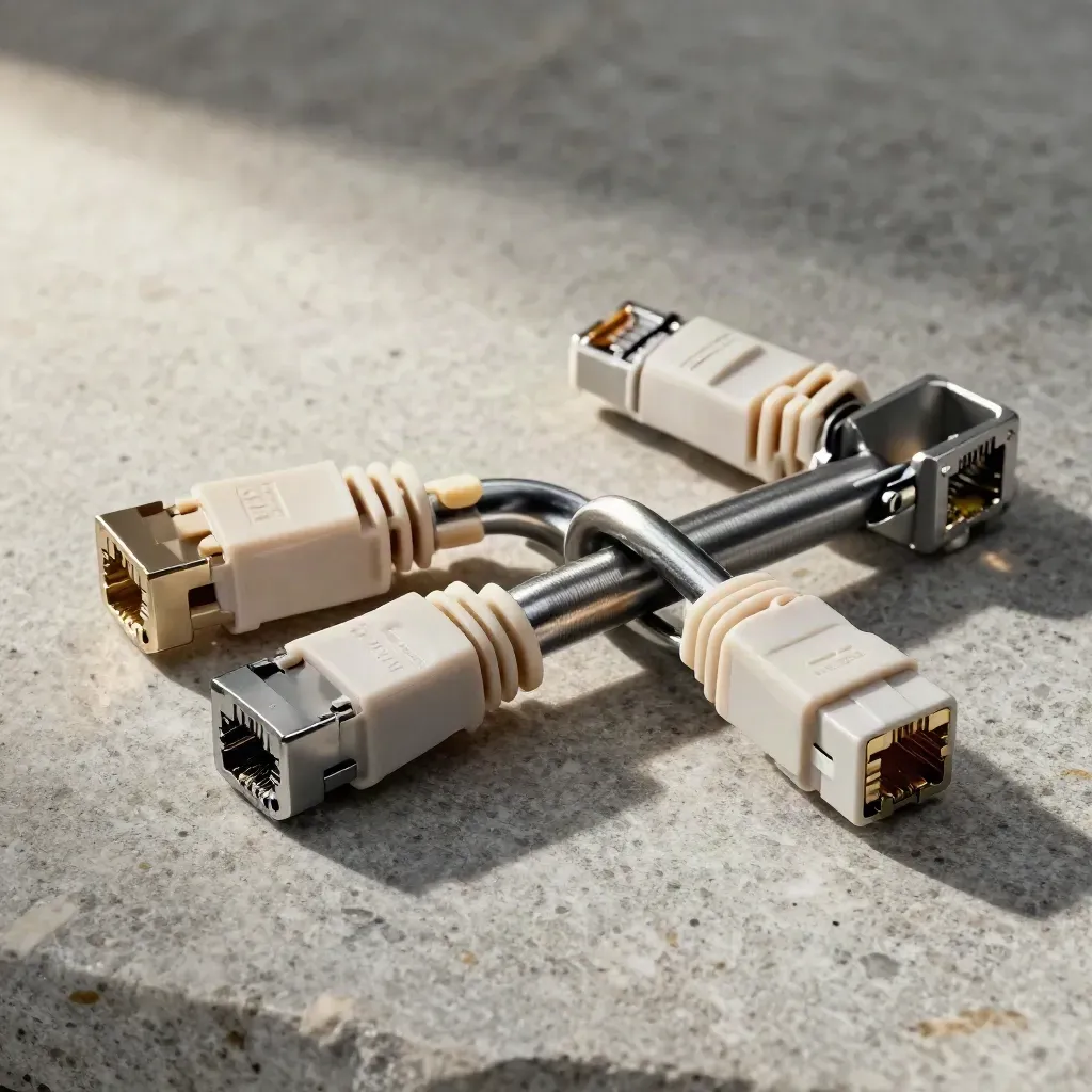 Tre connettori RJ45 su pietra, allineati in una catena tecnica con luce morbida dall'alto.