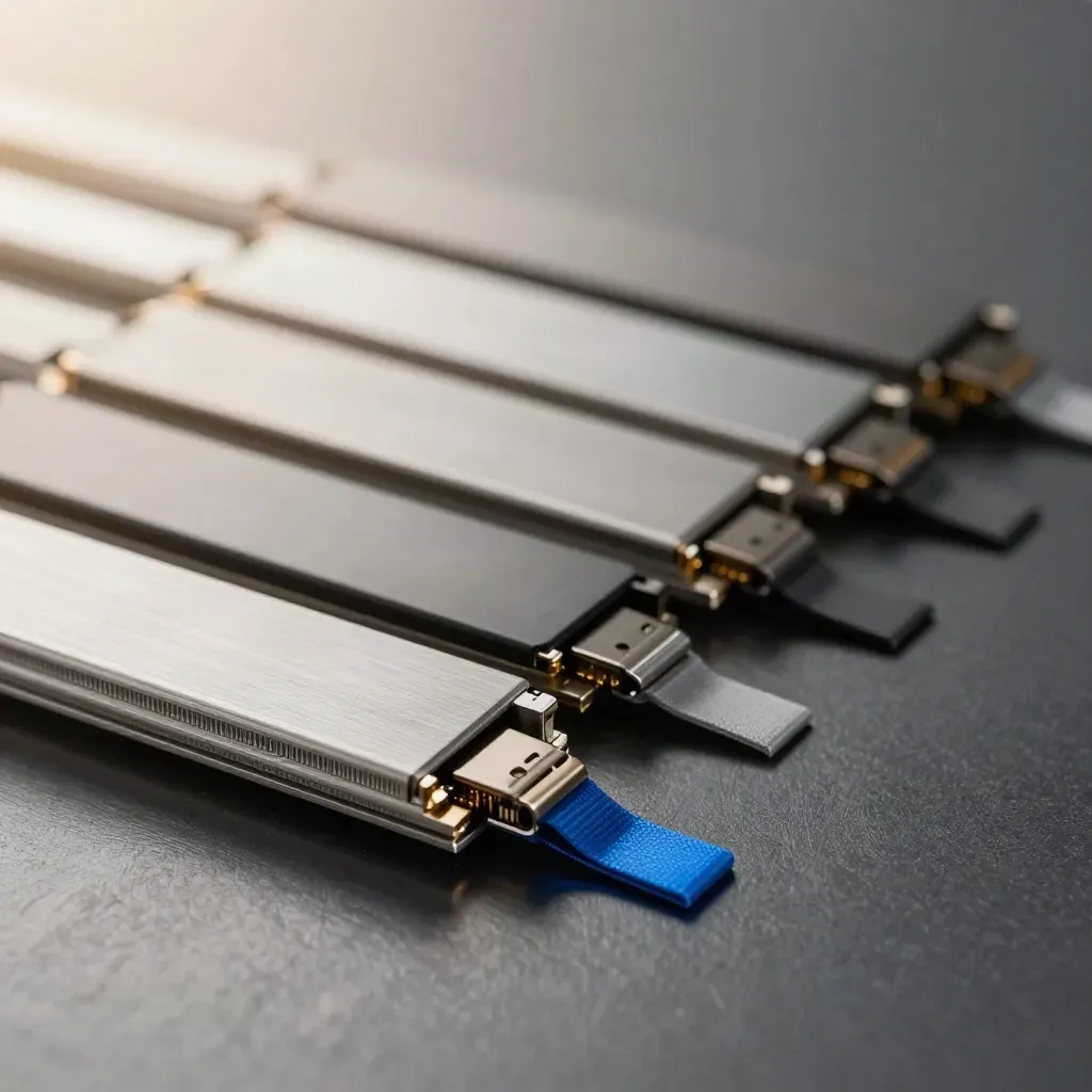 Stack di caddy, due SSD e fascette su metallo spazzolato, look premium e tecnico.