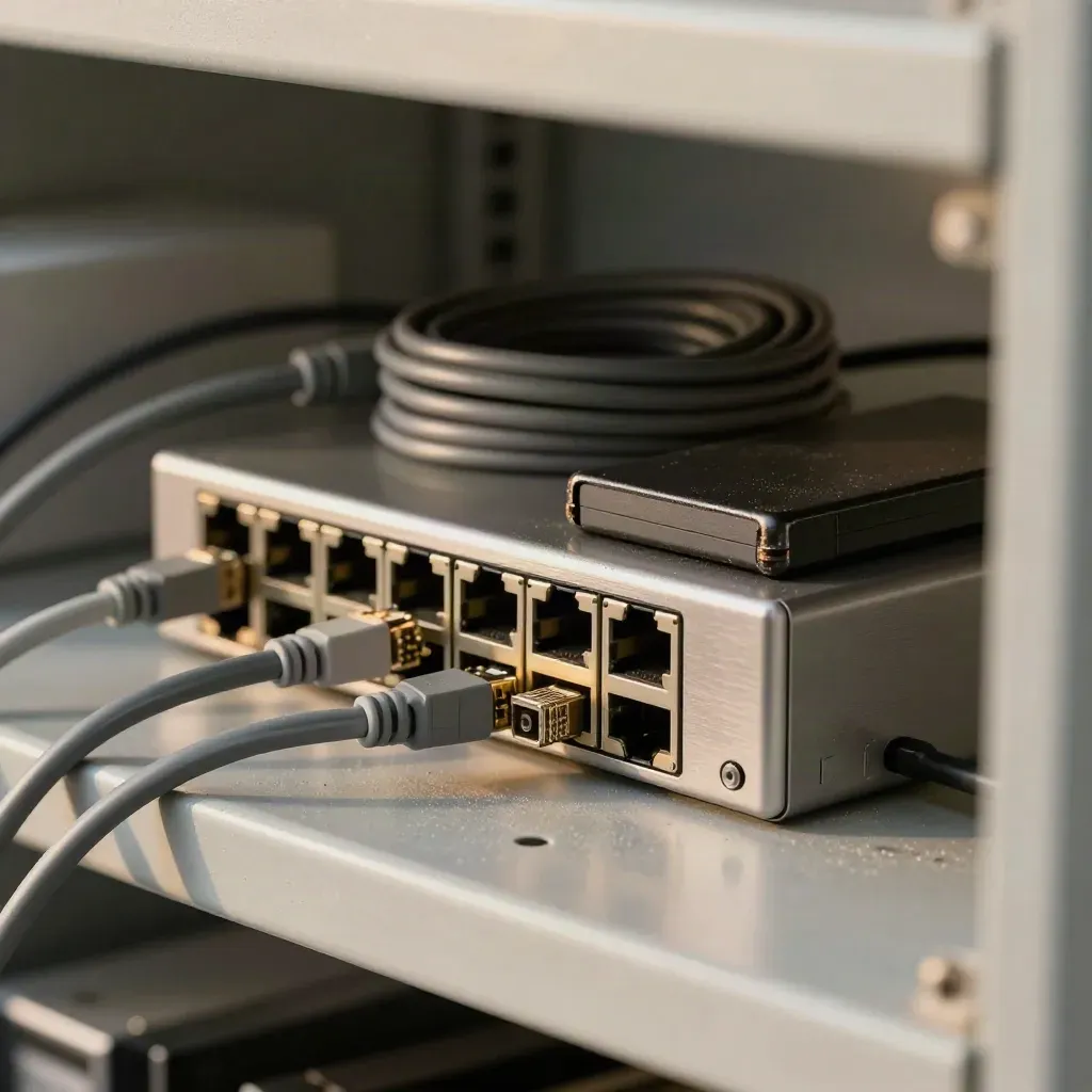 Switch office, cavi di rete, disco di backup e alimentatore su scaffale rack