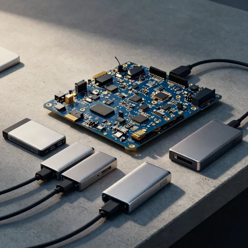 Flatlay di SSD portatili, hub USB-C, puck di ricarica e due dev kit su cemento freddo.