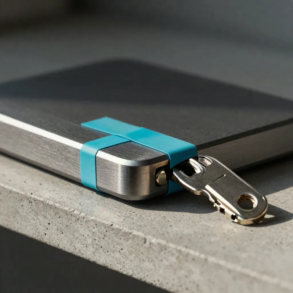 Token di sicurezza, sigillo ciano intatto e drive esterno bloccato su cemento grafite.