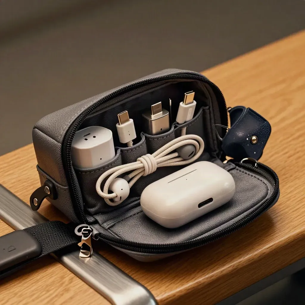 Astuccio tech da viaggio aperto con adattatori, cavi e custodia auricolari su legno caldo