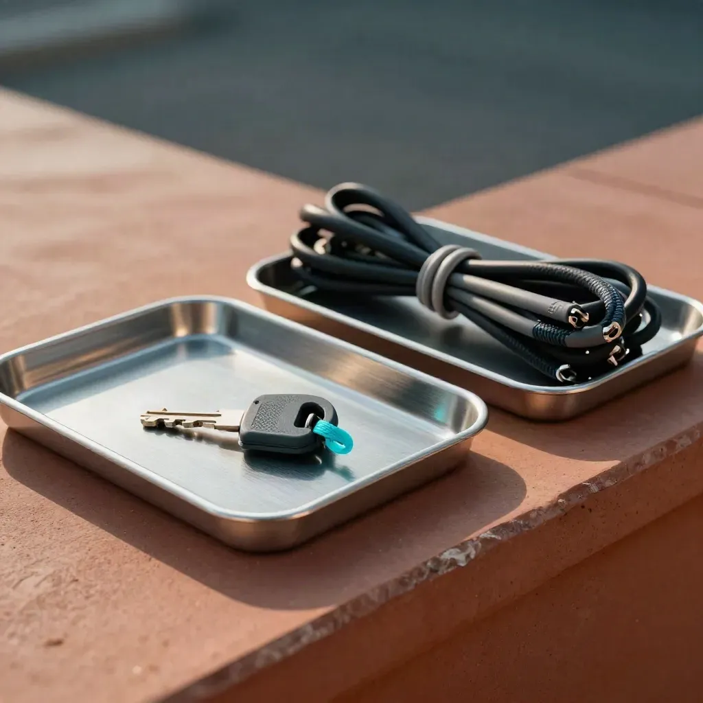 Tre drive tray, chiave hardware e guaine per cavi su fondo scuro, luce radente.