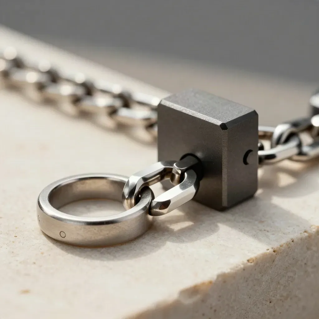 Anelli d’acciaio e blocchi modulari grafite con pin di connessione su pietra chiara.