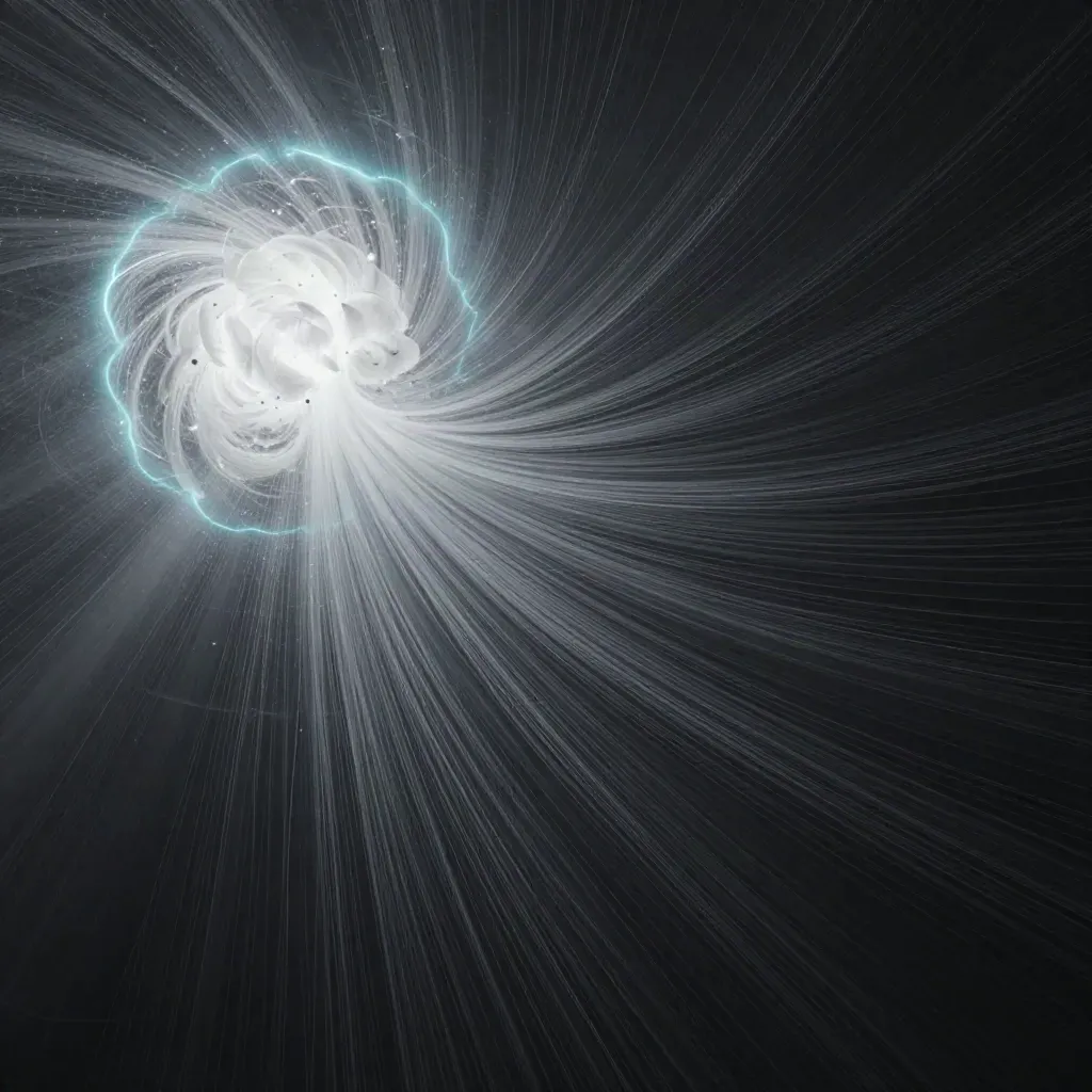 Filamenti di luce argento e ciano che convergono in un bagliore su sfondo grafite.