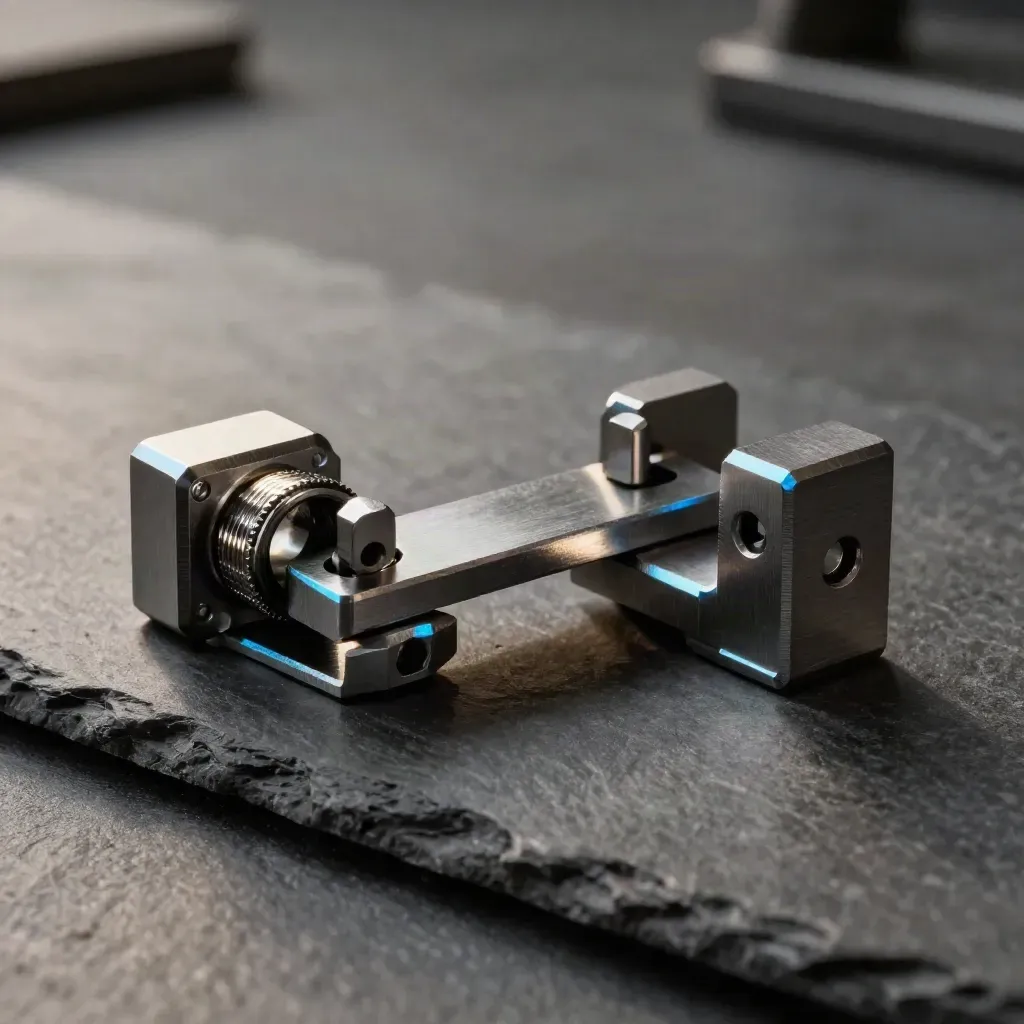 Brackets e giunto metallico su pietra scura, con luce blu elettrico e ombre drammatiche.