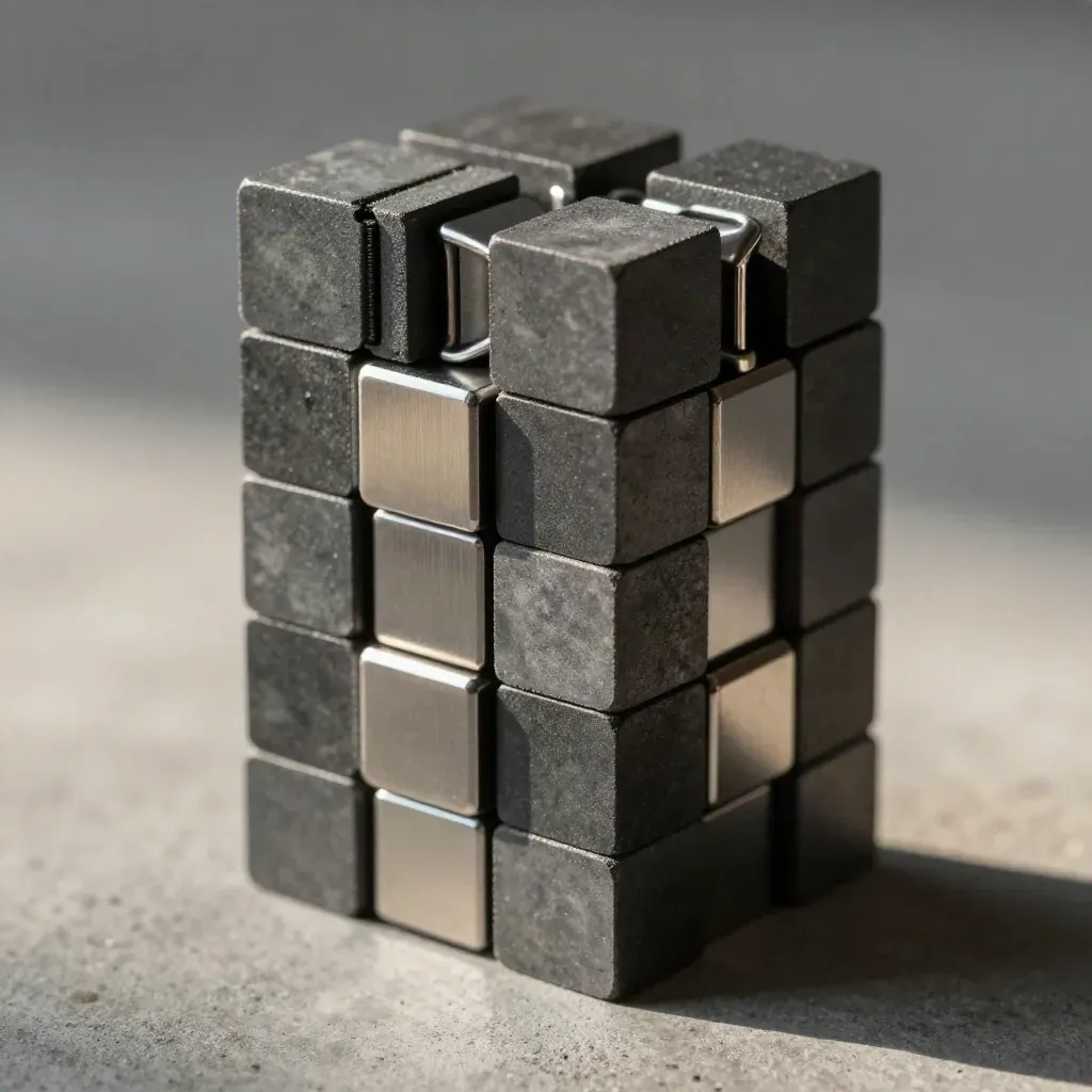 Cubi grafite e distanziatori magnetici in una composizione tecnica su cemento, vista dall'alto.